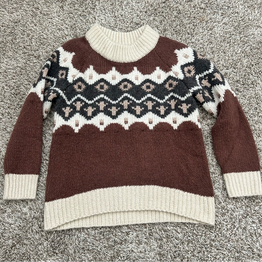 NWOT Aerie Womens Fair Isle Oversized Wool Blend Pullover Sweater Brown Size XS